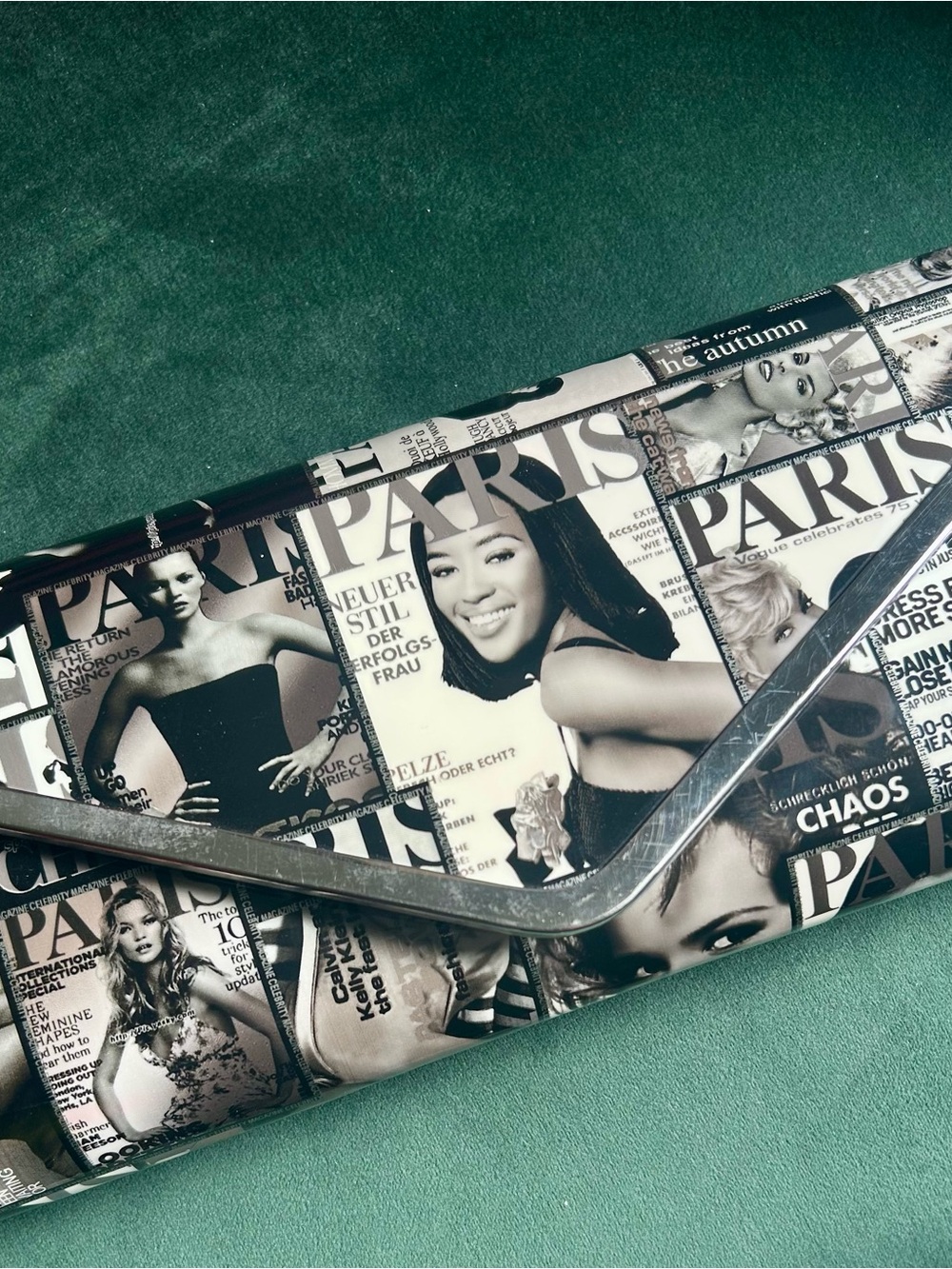 Womens Black & White Magazine Print Clutch Bag
